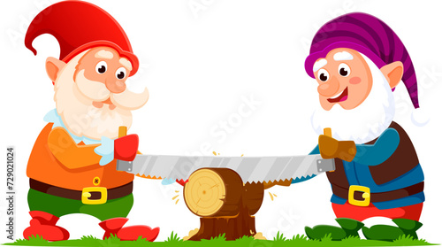 Cartoon gnome or dwarf characters happily saw a log with enthusiastic expressions mirroring their industrious work. Isolated vector playful midget personages with rosy cheeks and pointy hats working