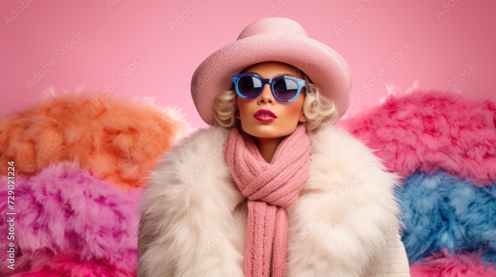 Close-up portrait of an incredible pretty young blonde woman wearing a fashionable fur coat, hat, sunglasses on isolated pink background with a copy space. Shopping, clothing and accessories concepts Close-up portrait of an incredible pretty young blonde woman wearing a fashionable fur coat, hat, sunglasses on isolated pink background with a copy space. Shopping, clothing and accessories concepts