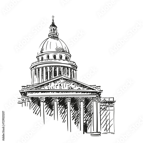 Pantheon in Paris, France, Main facade and dome, Hand drawn architectural sketch, Vector illustration hand drawn black pen on white photo