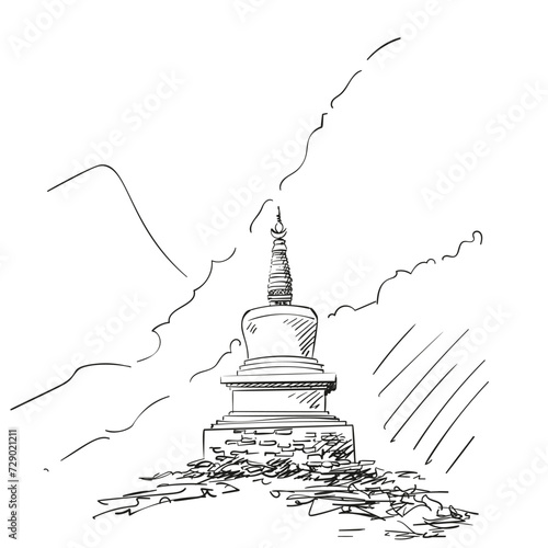Tibetan Buddhist stupa in the Himalayas, hand drawn vector illustration, religious sacred symbol of Buddhism in the mountains, freehand sketch
