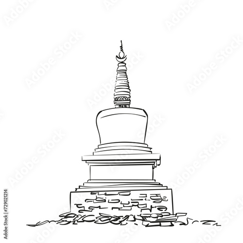 Tibetan Buddhist stupa, hand drawn vector illustration, religious sacred symbol of Buddhism, freehand sketch black ink lines isolated on white
