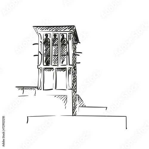 Wind catching tower hand drawn illustration, Vector sketch of traditional architectural element for cross ventilation and passive cooling in building, Old Dubai, Black ink drawing on white