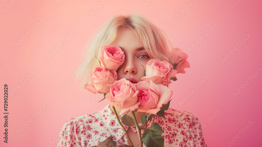 Portrait of an attractive woman covering her face with rose flowers. Minimal spring concept Portrait of an attractive woman covering her face with rose flowers. Minimal spring concept