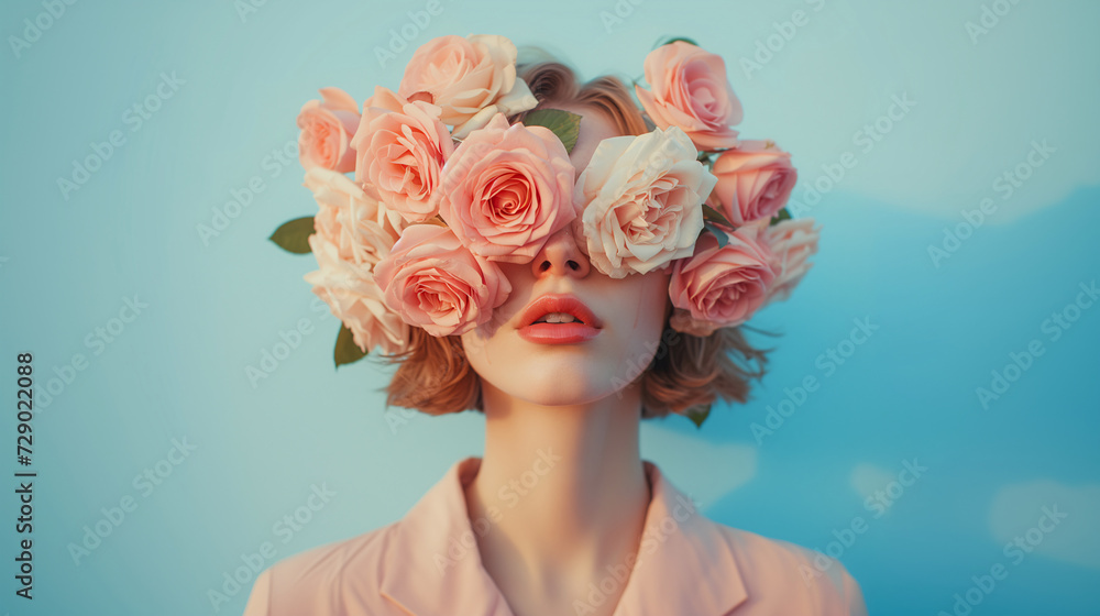 Portrait of an attractive woman covering her face with rose flowers. Minimal spring concept