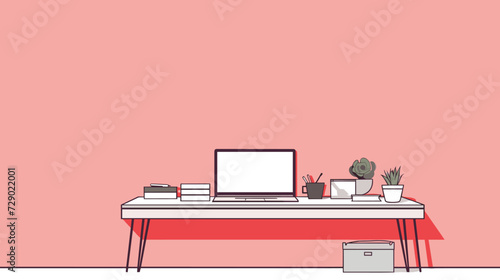 Vector depiction of an organized office setting with clean lines  computers  and office supplies  creating a visually pleasing and efficient workspace. simple minimalist illustration creative