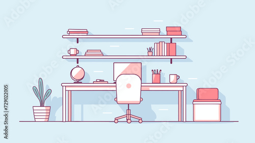 Vector depiction of an organized office setting with clean lines  computers  and office supplies  creating a visually pleasing and efficient workspace. simple minimalist illustration creative