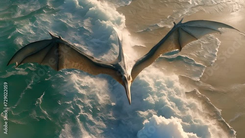 A pterodactyl soaring above the waves its large wings casting a shadow over the sandy beach below. photo