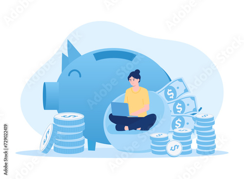 Woman saves money in piggy bank concept flat illustration
