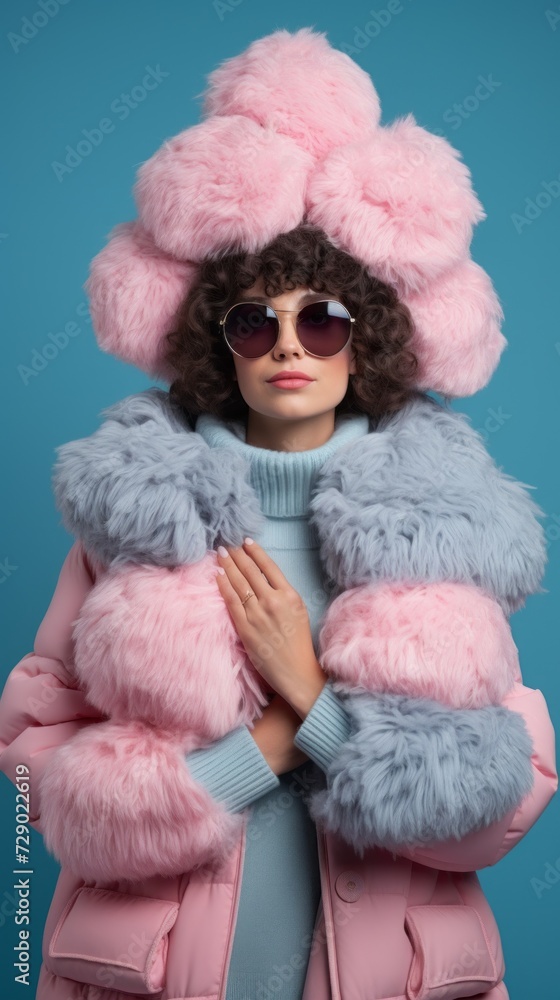 A beautiful young woman wearing a fashionable fur coat, hat, sunglasses on a blue background. Shopping, clothing and accessories concepts.