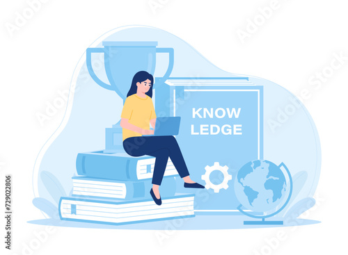 A woman reading with a stack of books concept flat illustration