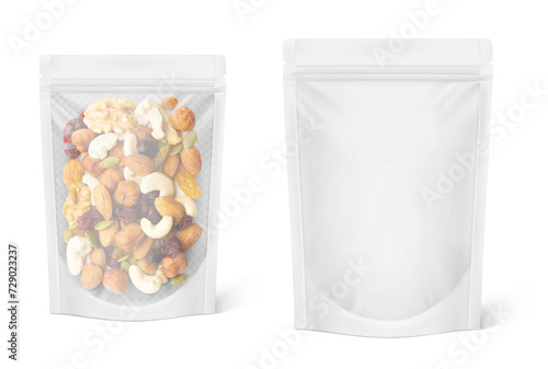 Realistic stand up pouch bag mockup with shadow. Vector illustration isolated on white background. Easy to make a realistic mockup of your product. EPS10.