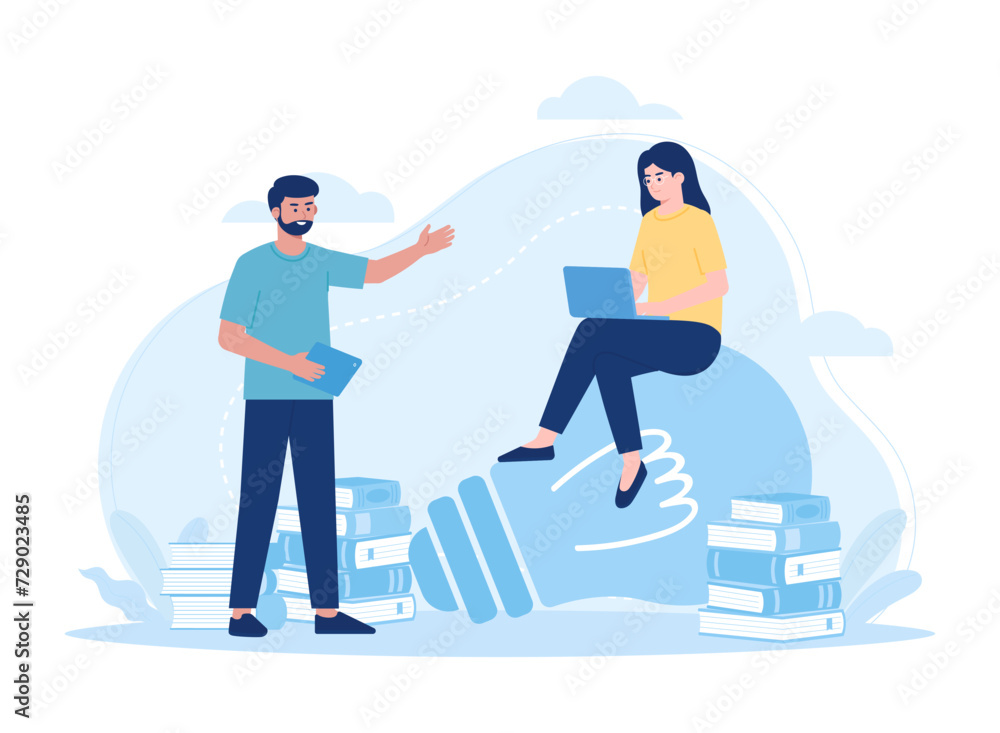 People are studying together with books and lamps concept flat illustration People are studying together with books and lamps concept flat illustration