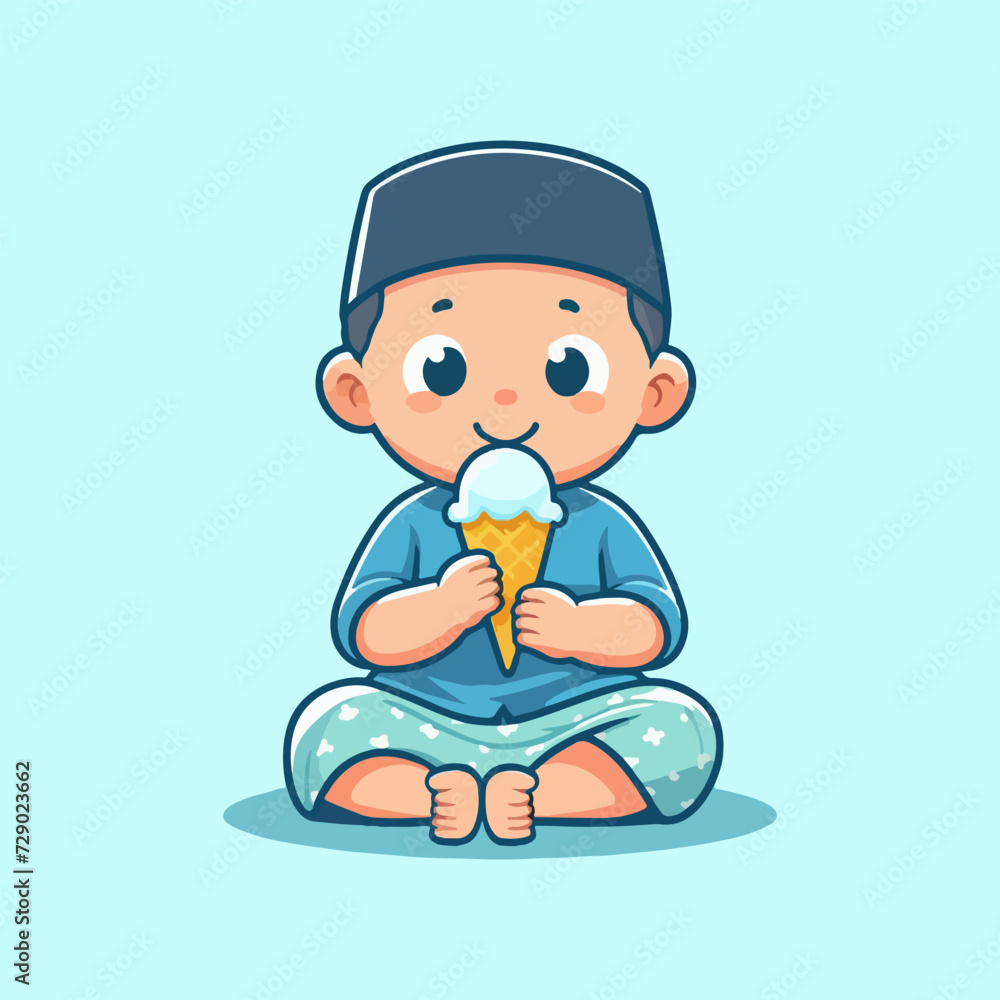 cute muslim boy sitting while eating ice cream cartoon vector illustration cute muslim boy sitting while eating ice cream cartoon vector illustration