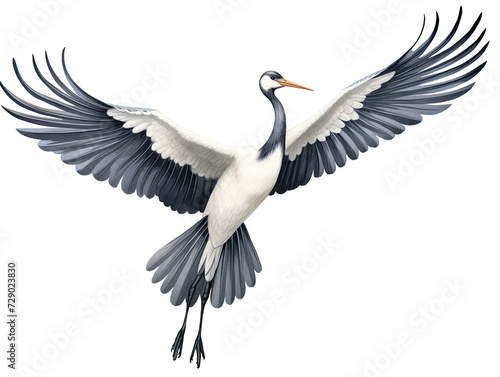 Crane bird flying isolated on white background