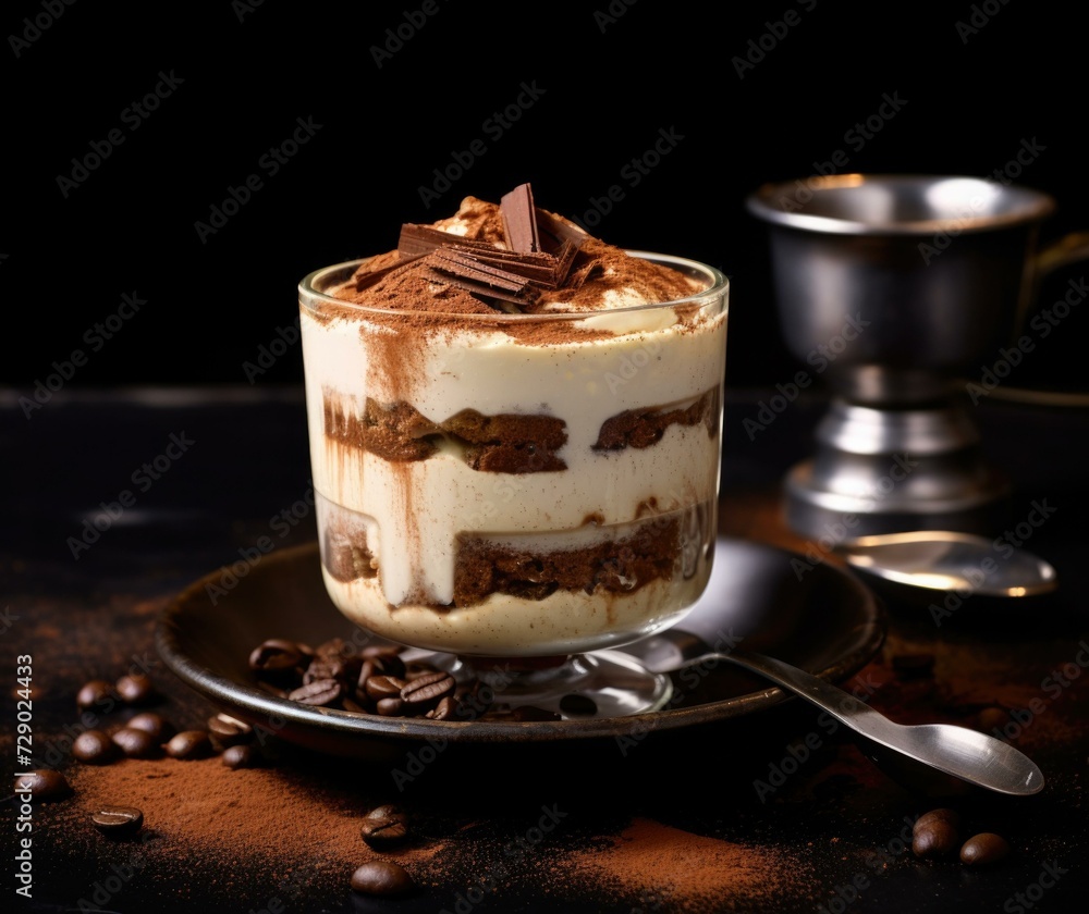 Chocolate and coffee dessert on a black background. Generative AI. Chocolate and coffee dessert on a black background. Generative AI.