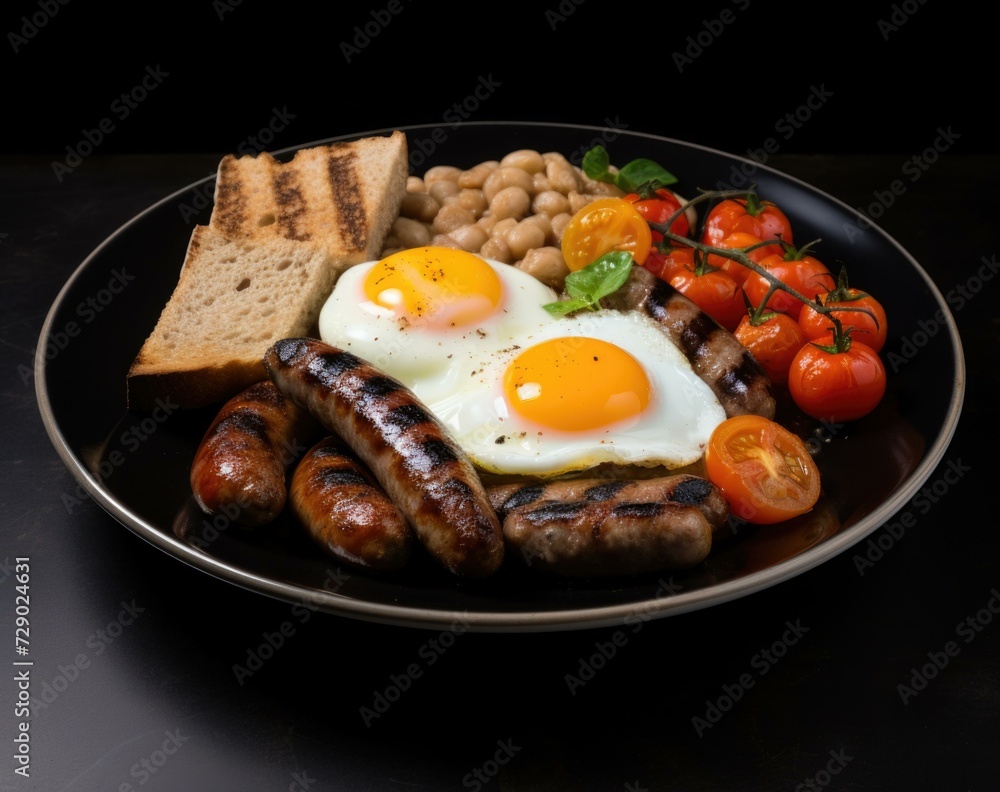 A plate of food with eggs, sausage, toast and tomatoes. Generative AI.