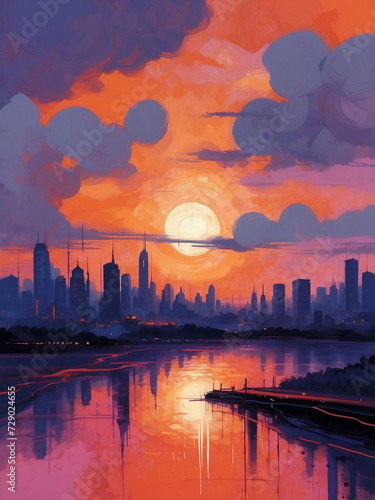 A futuristic cityscape with neon lavender and twilight indigo and sunset red-orange, Impressionism style