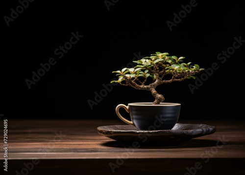 Bonsai tree in a black cup on a wooden table. Generative AI.