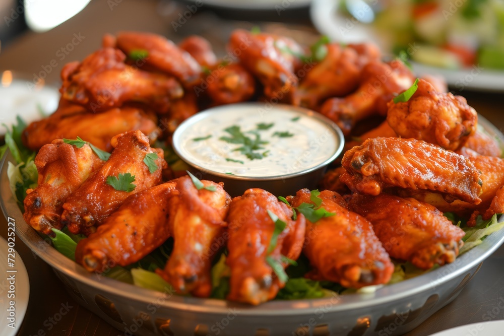 party platter of chicken wings on a tray with dressing in the middle