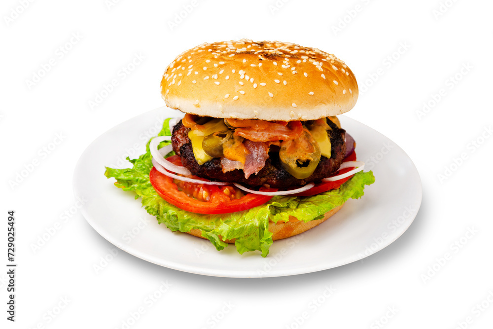 Burger, hamburger with meat cutlet, bacon, jalapeno, tomato and lettuce on a plate. Isolated. Burger, hamburger with meat cutlet, bacon, jalapeno, tomato and lettuce on a plate. Isolated.