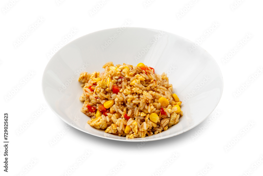 Rice with vegetables and egg in a white plate. Isolated. Rice with vegetables and egg in a white plate. Isolated.