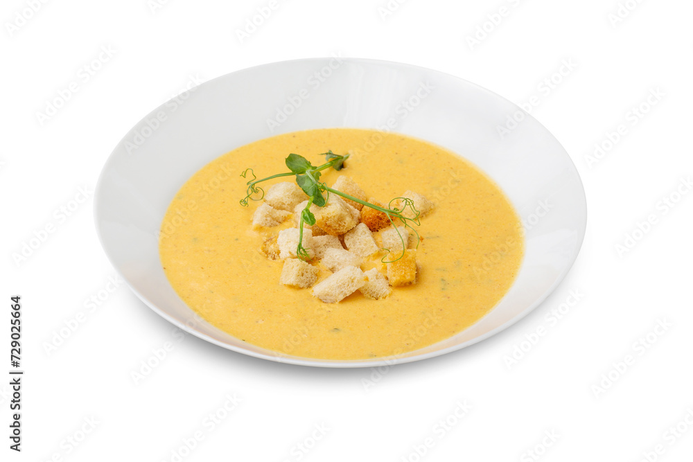 Cream of mushroom soup in a plate. Isolated. Cream of mushroom soup in a plate. Isolated.