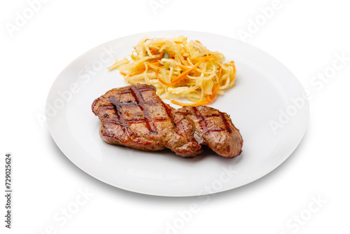 Grilled pork neck in a white plate. Isolated.