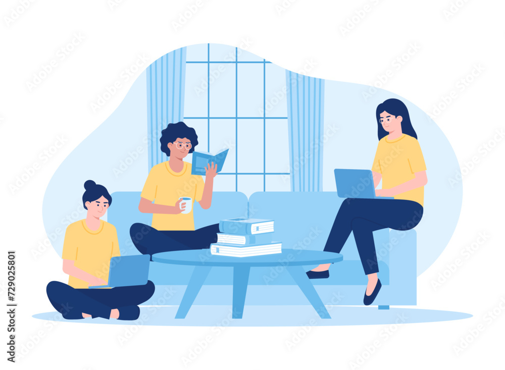 Group of friends with books meet at home study together concept flat illustration Group of friends with books meet at home study together concept flat illustration