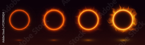 Circle fire frames set isolated on transparent background. Vector realistic illustration of round orange borders burning with flame, smoke and sparkles, magic power effect, animation sprite sheet
