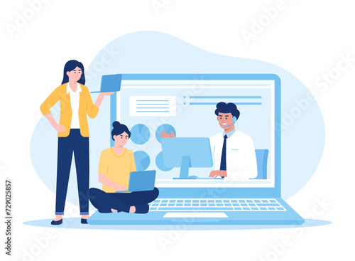 Online courses and tutorials using computers and laptops concept flat illustration