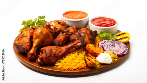 Illustration of Indian dishes, Tandoori chicken and biryani rice , Mughlai dish Generative AI image 
