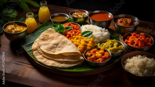 Illustration of traditional south Indian Thali (curry lunch) on banana leaf, Generative AI image.