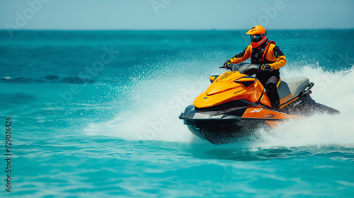 Lifeguard on a jet ski patrolling the waters or water fun activities  photo