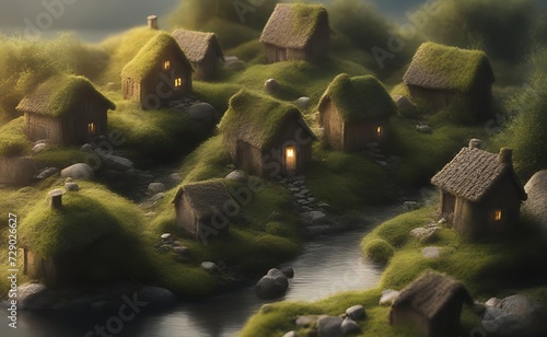 Tiny magical house from fairy tale for dwarfs, gnomes and imps. Magical cottages at a lake in fantasy land.