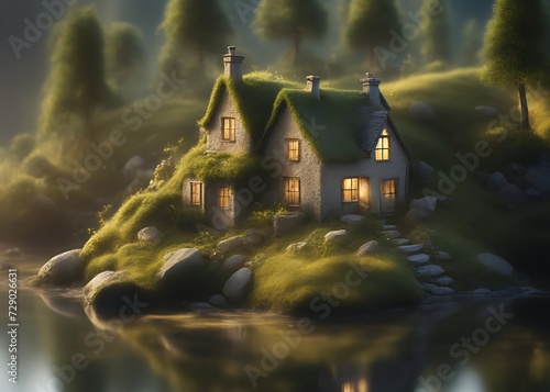 Tiny magical house from fairy tale for dwarfs, gnomes and imps. Magical cottages at a lake in fantasy land.
