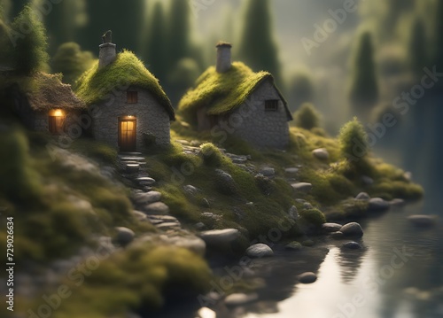 Tiny magical house from fairy tale for dwarfs, gnomes and imps. Magical cottages at a lake in fantasy land.