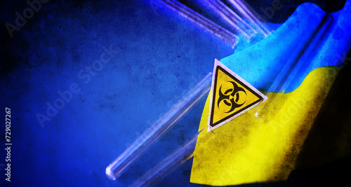 Ukrainian flag biohazard and test tubes. Western biological laboratories in Ukraine. Assistance to Ukraine in biolaboratories.