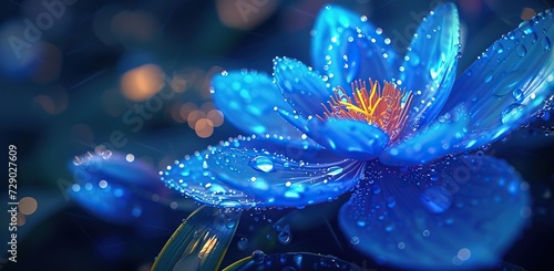 Blue flower with dew drops on the petals. The concept of nature's beauty and freshness.