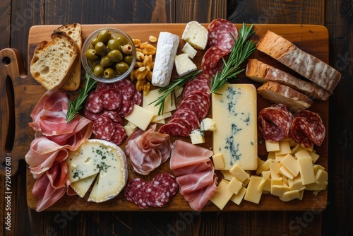 a wooden meal platter with differend kinds of cheeses and saussages photo