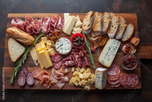 a wooden meal platter with differend kinds of cheeses and saussages