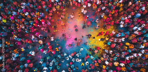 Crowd of people with colorful powder in the air. The concept of festival and cultural event.