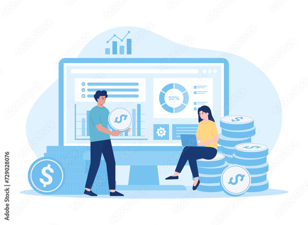 Worker analyzes sales growth graph concept flat illustration Worker analyzes sales growth graph concept flat illustration
