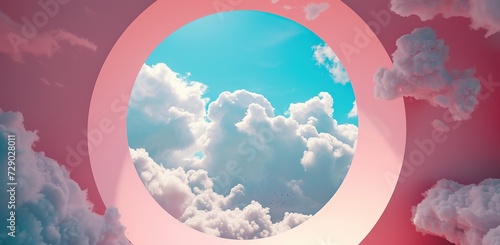 Round window with a cloudy sky. The concept of dreaming and freedom. photo