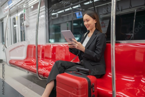 Young asian businesswoman traveling to airport on skytrain checking information using her digital tablet