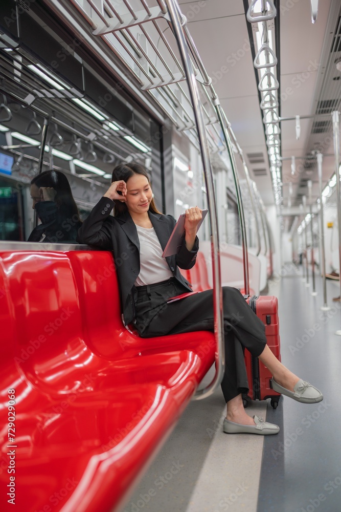 Young asian businesswoman traveling to airport on skytrain checking information using her digital tablet Young asian businesswoman traveling to airport on skytrain checking information using her digital tablet