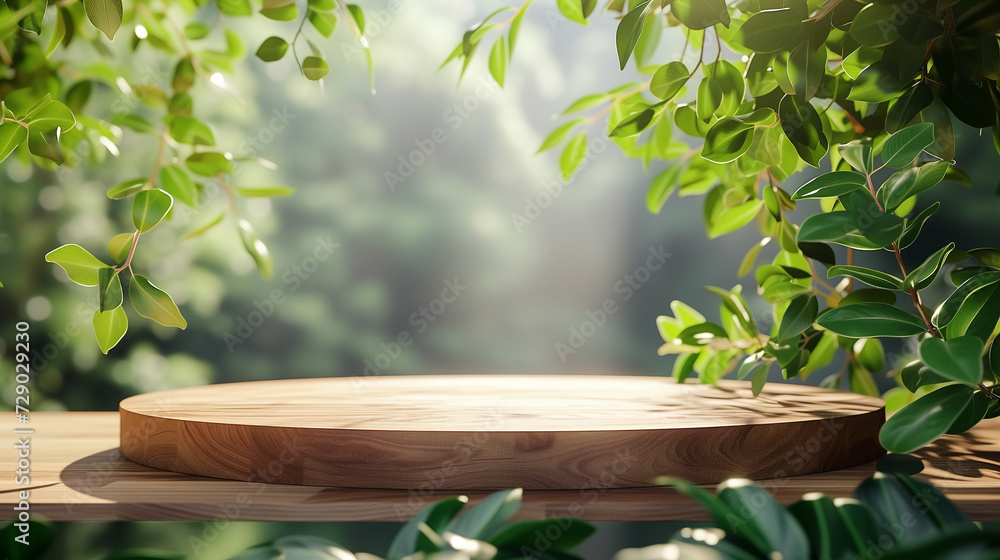 Empty circular wooden platform with lush green foliage in a sunlit forest setting, ideal for eco-friendly product display or nature-themed design backgrounds Empty circular wooden platform with lush green foliage in a sunlit forest setting, ideal for eco-friendly product display or nature-themed design backgrounds