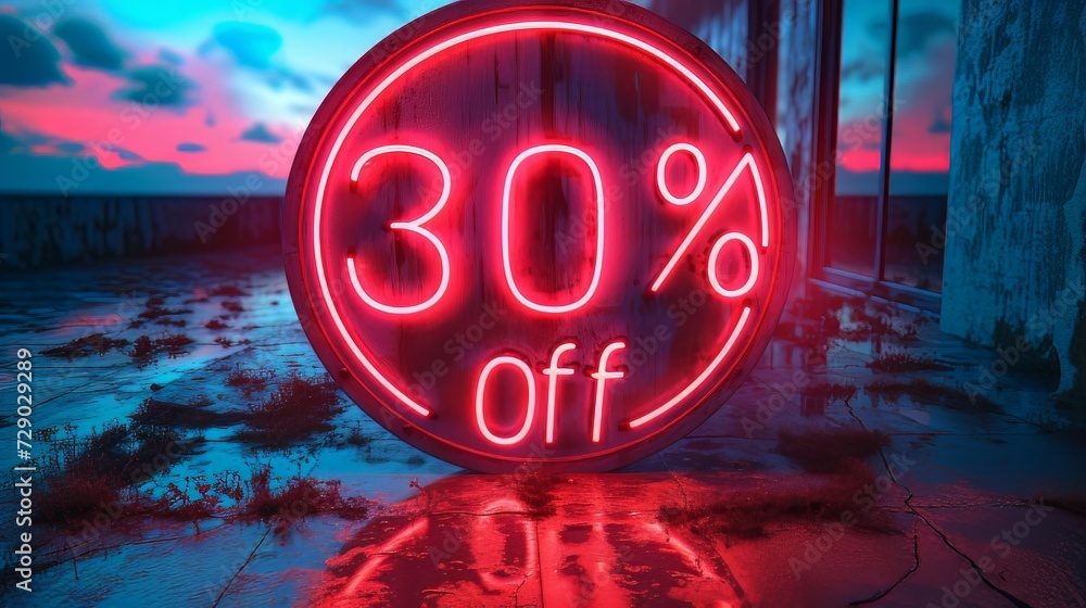 30 percent off. Neon discount light signs on - obrazy, fototapety, plakaty 