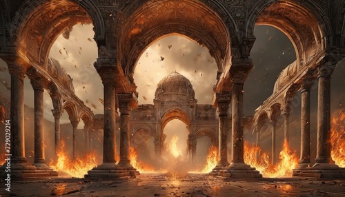 Ancient classic architecture stone arches with flames