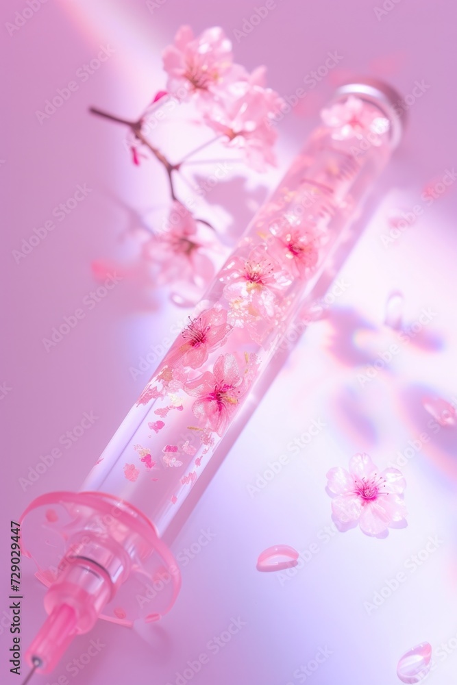 An artistic image of a syringe filled with pink flowers on a soft pink background with shadows An artistic image of a syringe filled with pink flowers on a soft pink background with shadows