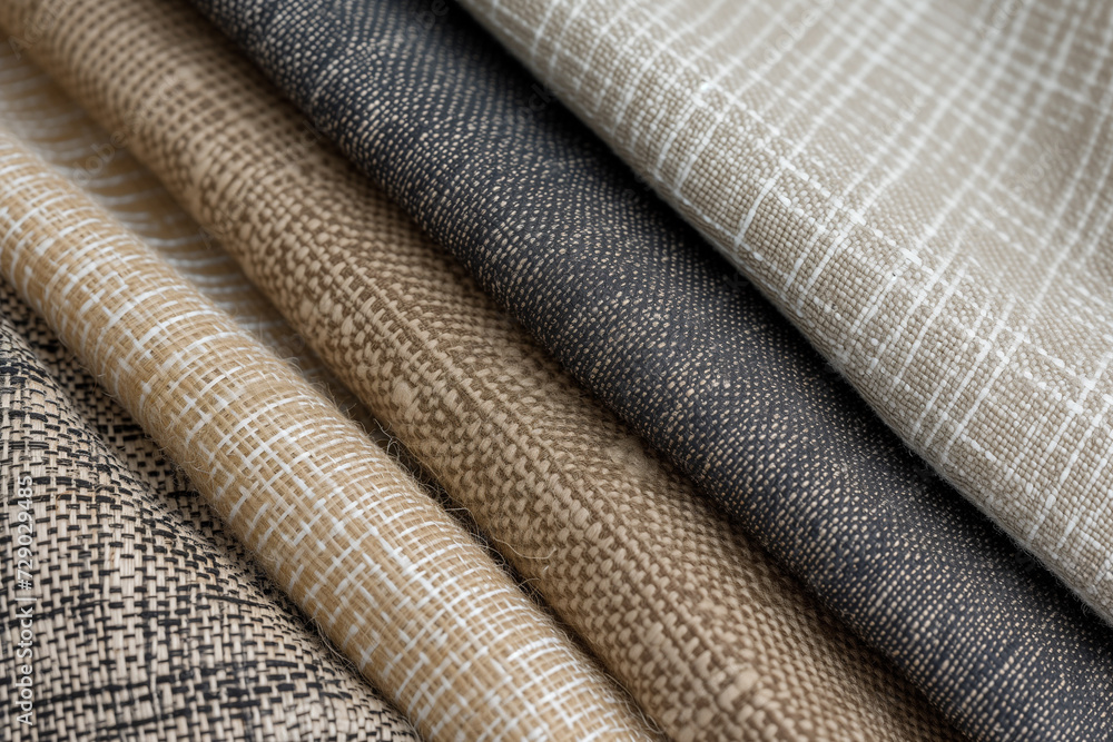 Assorted fabric rolls with different textures and patterns in neutral colors, suitable for interior design or fashion textiles Assorted fabric rolls with different textures and patterns in neutral colors, suitable for interior design or fashion textiles